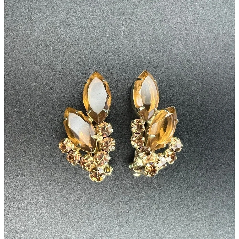 Ref No. 7760 Vintage D&E Juliana Amber Topaz Navette and Chaton Clip Earrings